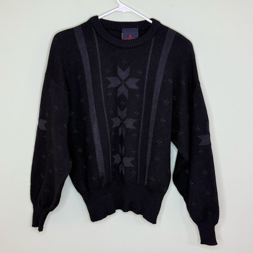 Vintage rare Demetre  sweater woman L black & snowflake wool nylon ski crew USA